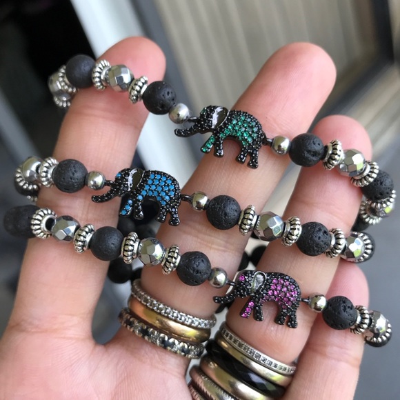 Lava rock black rodhium cz luck elephant bracelet - Picture 5 of 9